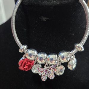 203# Paparazzi Silver Bracelet with Red Rose and Butterfly Charms